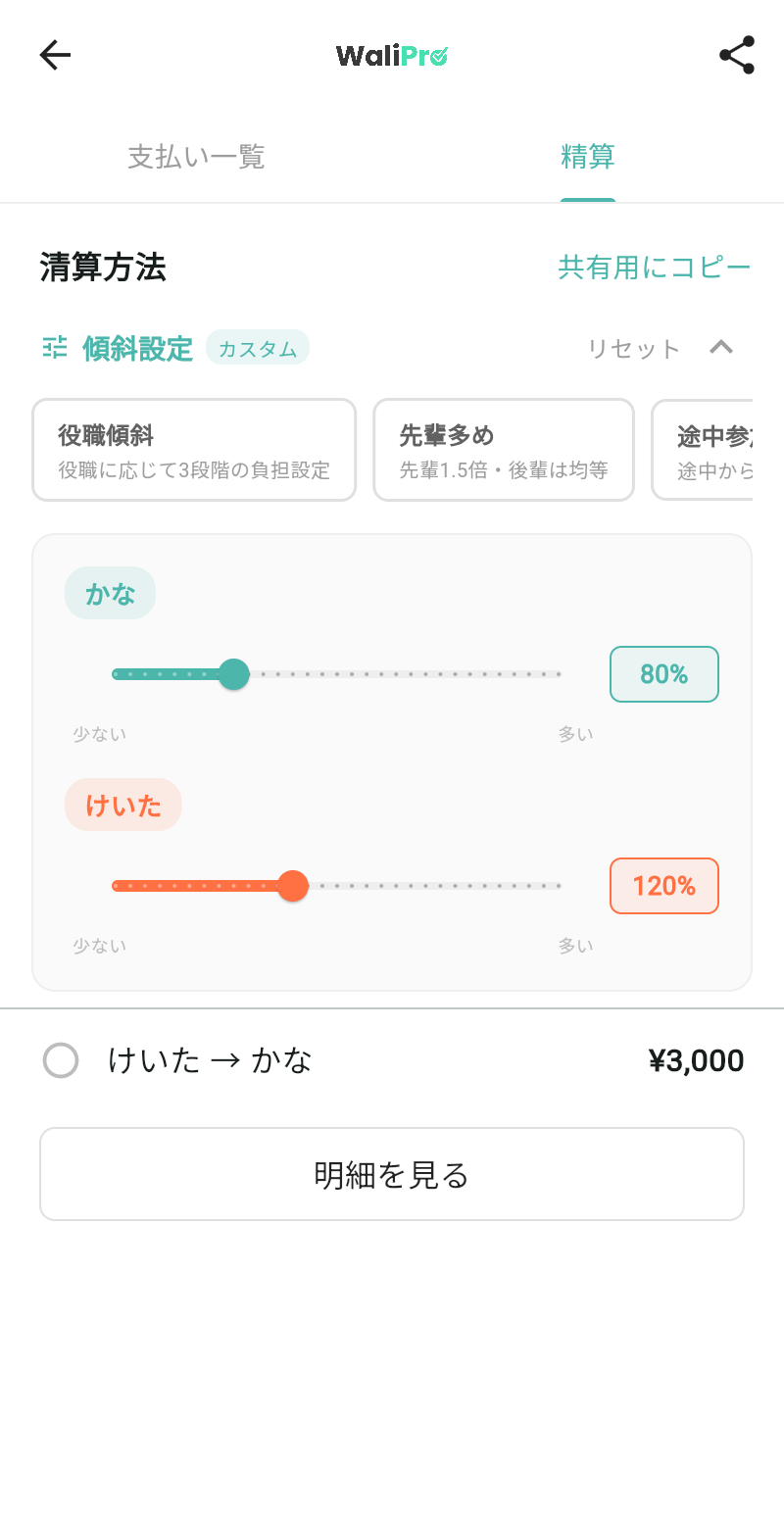 WaliProの精算タブ：2人のスライダーで負担比率を設定（かな80%・けいた120%）、精算結果けいた→かな¥3,000